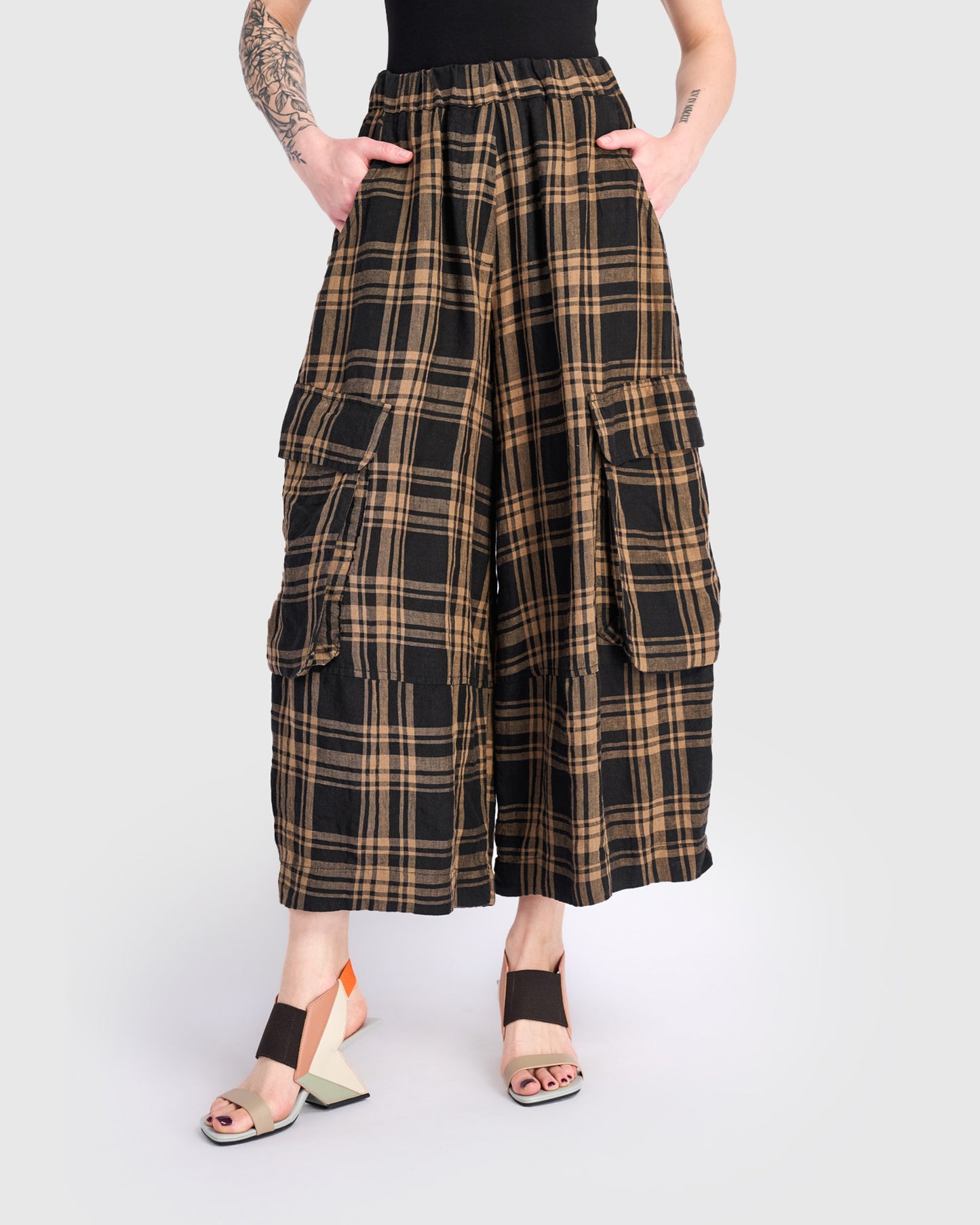 מכנסי פשתן כיסים משבצות