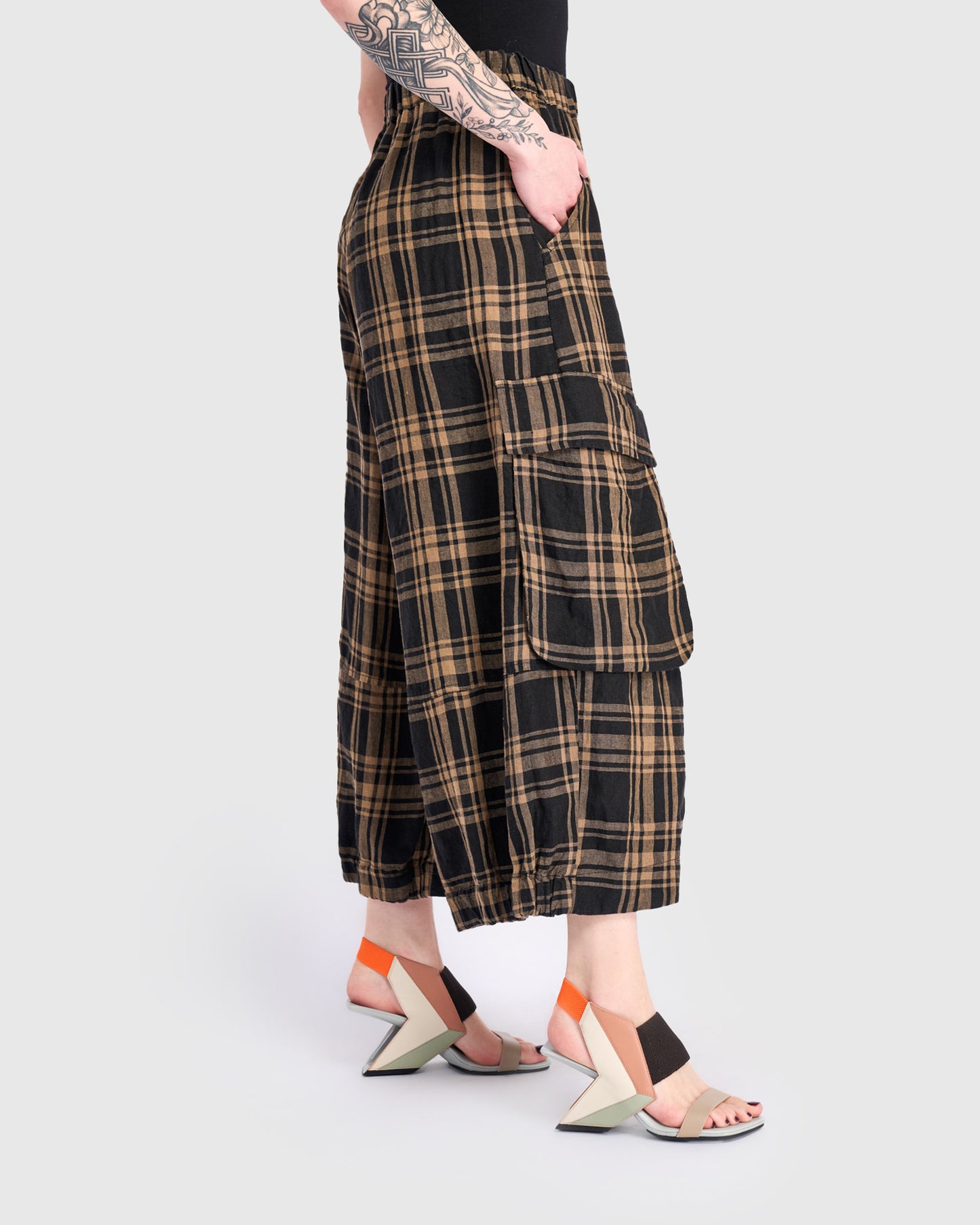 מכנסי פשתן כיסים משבצות