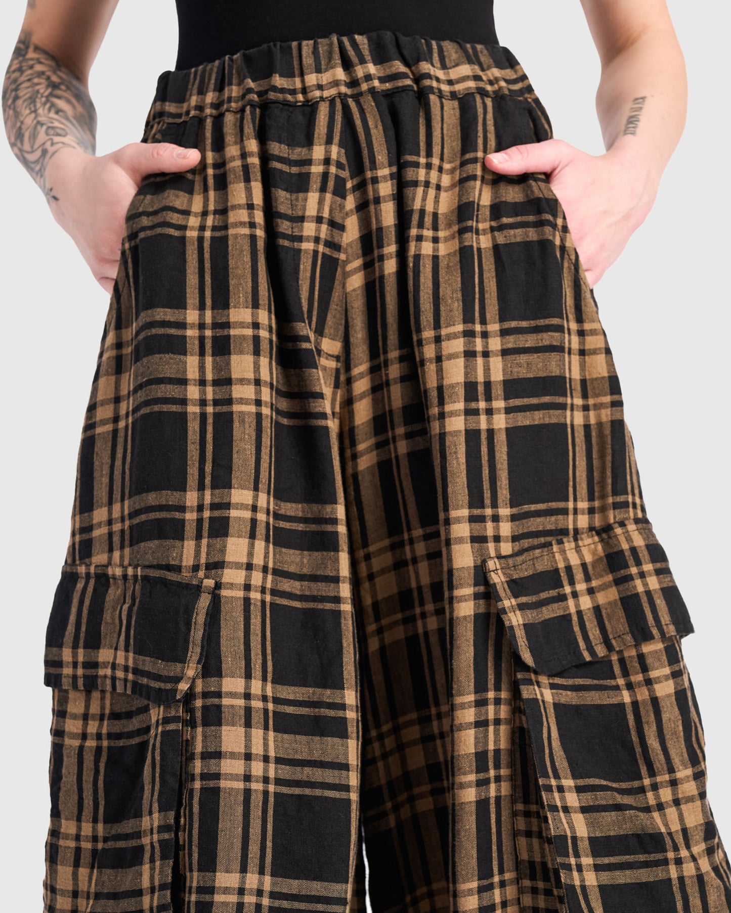 מכנסי פשתן כיסים משבצות