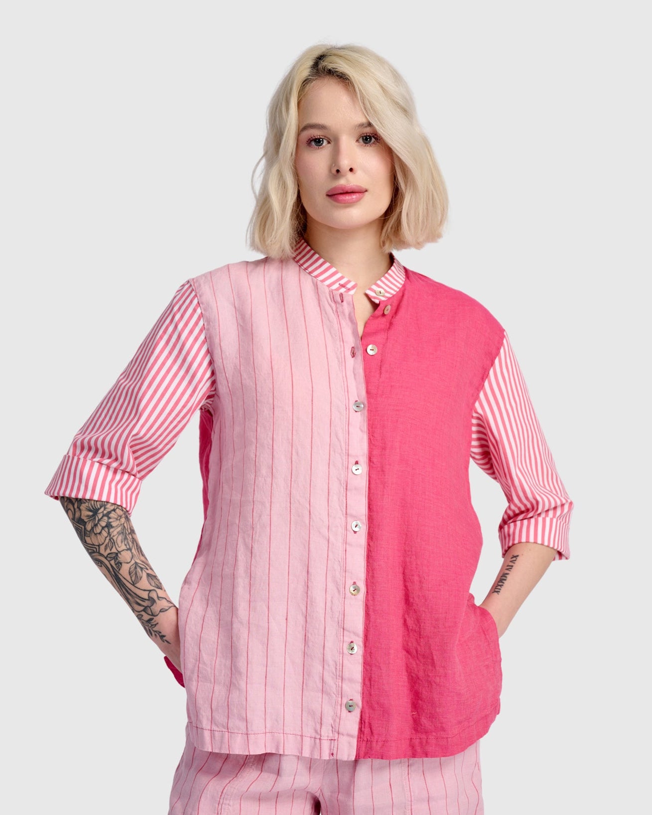 חולצה כפרה מיקס פשתן ורודה