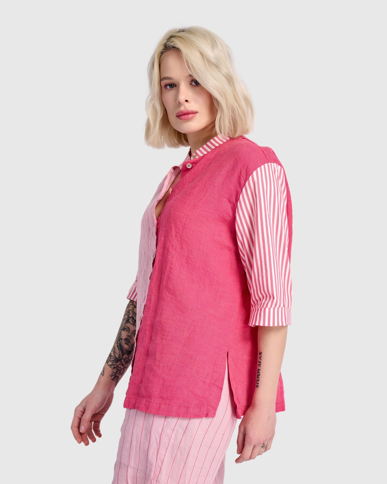 חולצה כפרה מיקס פשתן ורודה