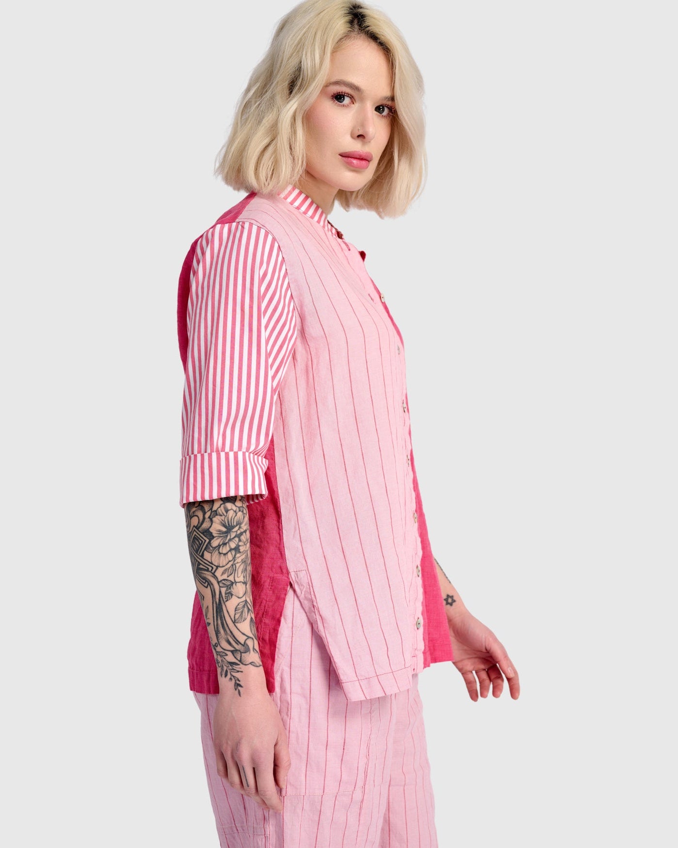 חולצה כפרה מיקס פשתן ורודה